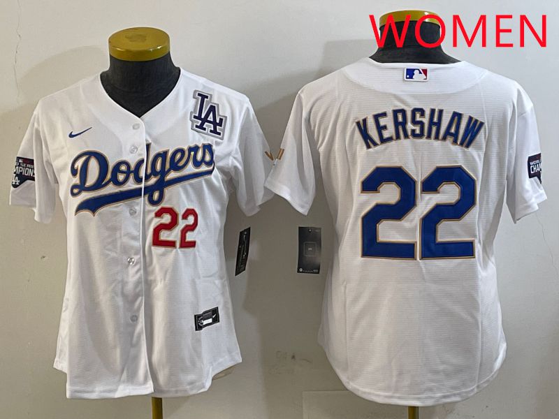 Women Los Angeles Dodgers #22 Kershaw White Gold Game 2025 Nike MLB Jersey style 5->women mlb jersey->Women Jersey